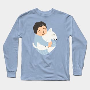 Adorable boy hugging lovely puppy for dog lover. Long Sleeve T-Shirt